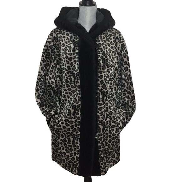 Faux Fur Cheetah Leopard Reversible Swing Car Coat sz L - Picture 1 of 8